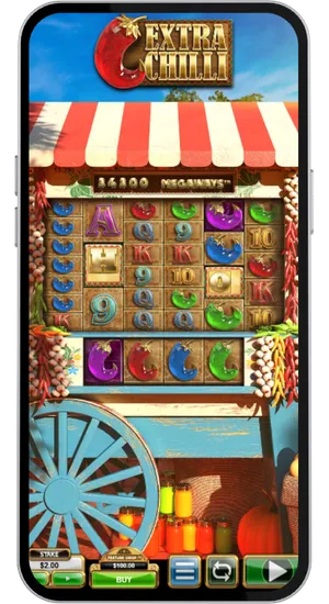Extra Chilli Megaways griglia di gioco base con contatore Megaways e pulsante Feature Drop